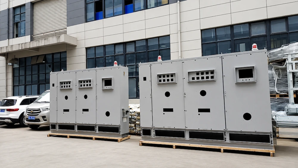 Metal cabinets photographed outside the factory