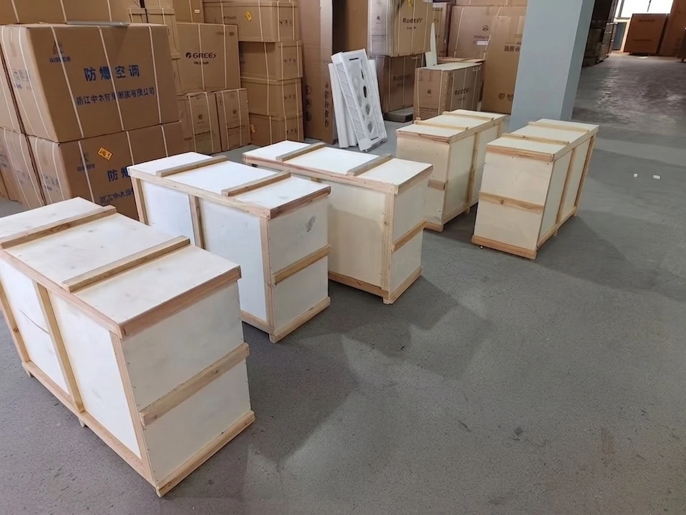 Enclosures in protective wooden packing crates